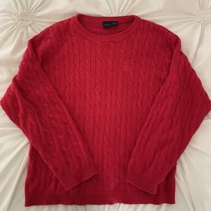 red cable knit sweater